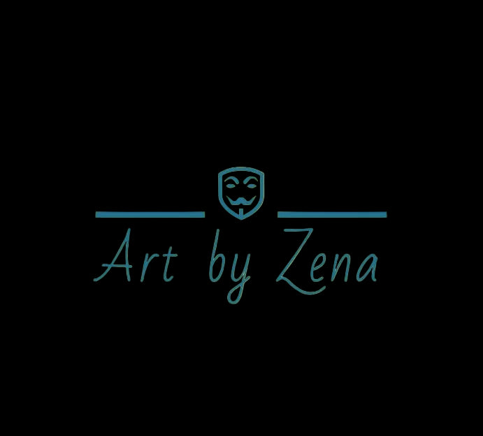 The text 'ART by ZENA' and a stylized face mask design in blue.